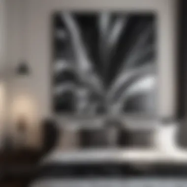 Elegant black and white abstract print enhancing bedroom ambiance