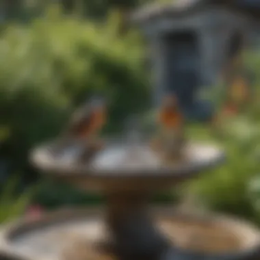 Birds enjoying the Alpine Corporation bird bath in a garden