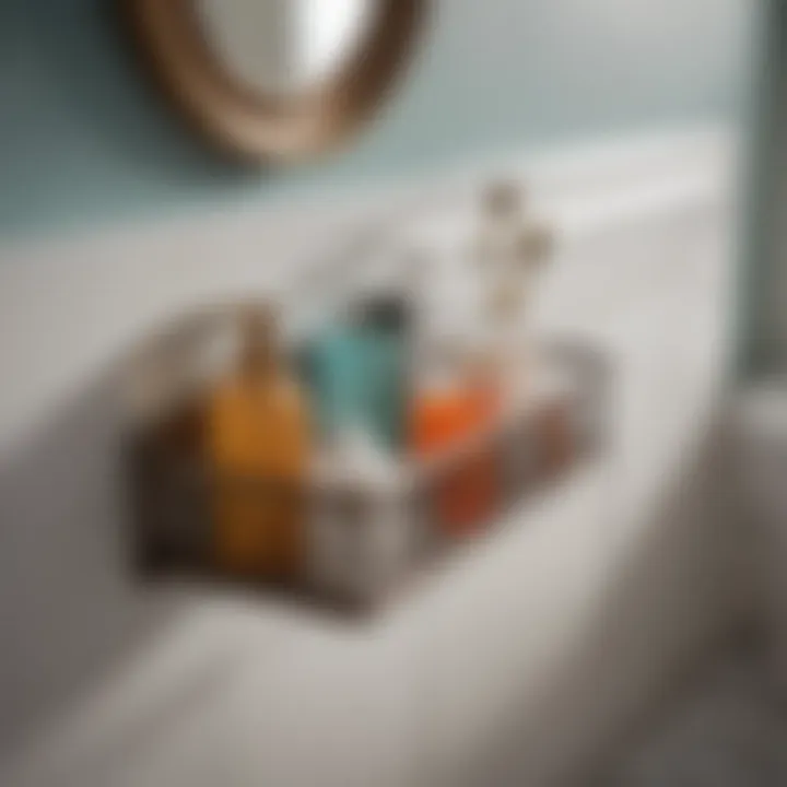 Colorful bathroom caddy with decorative elements and organizational features