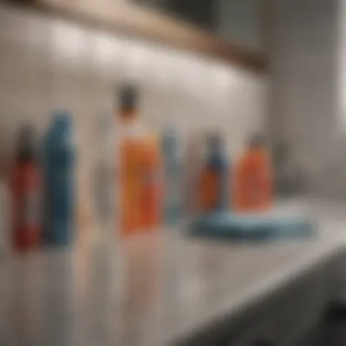 Various cleaning supplies arranged neatly on a bathroom counter