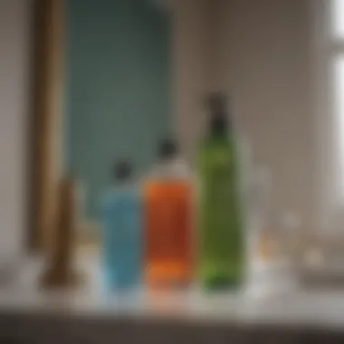 Eco-friendly cleaning products arranged on a bathroom counter