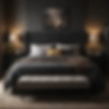 Cozy bedroom featuring a black queen bed and warm lighting