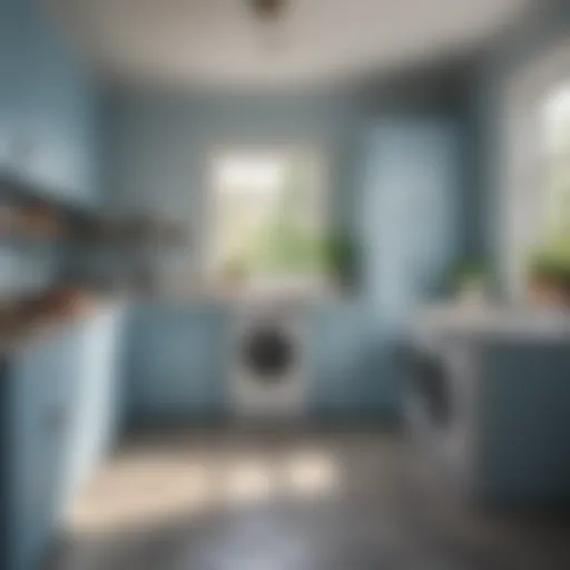 A serene laundry room painted in soft blue hues