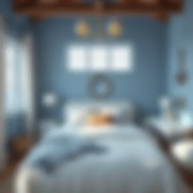 A serene coastal bedroom featuring soft blue walls and nautical decor elements