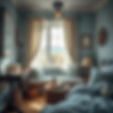 A cozy reading nook by a window with coastal-themed decorations