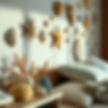 Decorative seashells and driftwood as part of a coastal-themed bedroom wall