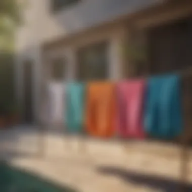 Colorful bathing suits hanging on a modern drying rack