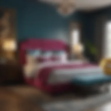 A vibrant bedroom featuring bold color accents and eclectic decor elements.