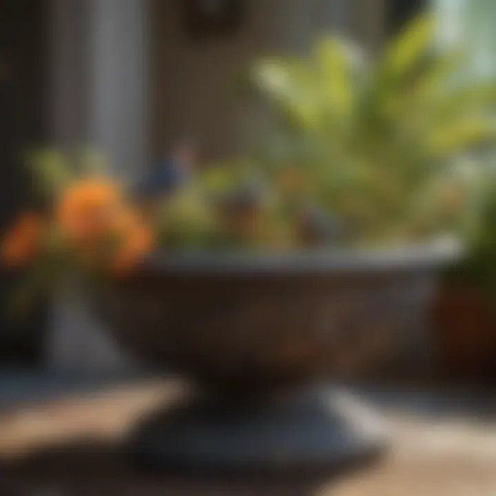 Birds enjoying water in a beautifully designed planter