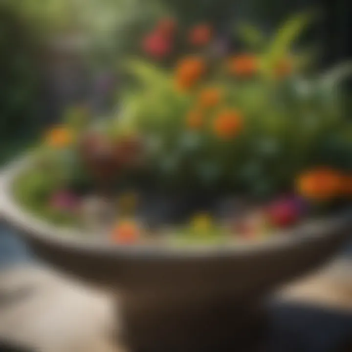 Close-up of diverse plants in a bird bath planter