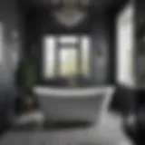 Elegant farmhouse black and white bathroom design featuring a freestanding tub