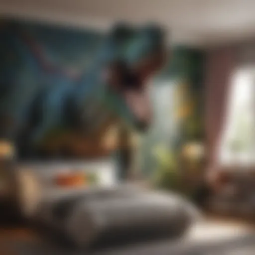 A vibrant dinosaur-themed bedroom showcasing a colorful mural