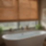 An array of different types of blinds laid out in a bathtub for cleaning