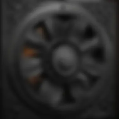 Close-Up of Black Decorative Exhaust Fan Design Close-up view of the intricate design of a black decorative bathroom exhaust fan.