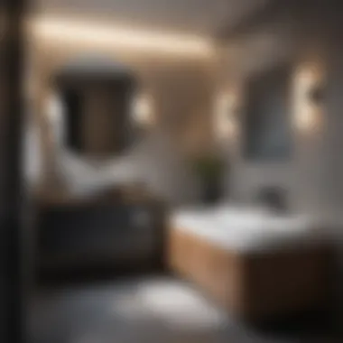 Serene Bathroom Atmosphere with Soft Lighting A serene bathroom atmosphere created by soft lighting from a black exhaust fan.