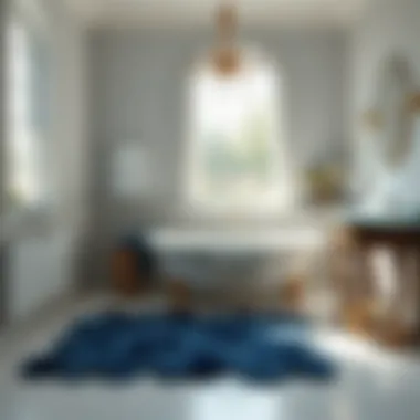 Elegant blue bath rug adding sophistication to a serene bathroom