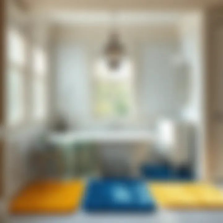 Stylish integration of yellow and blue bath rugs in a chic bathroom