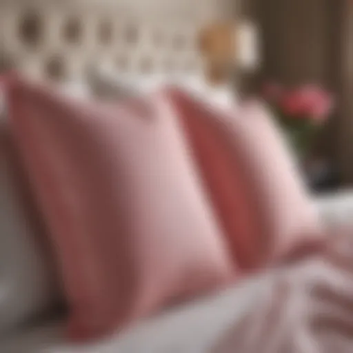 Elegant arrangement of pink throw pillows on a plush bed.