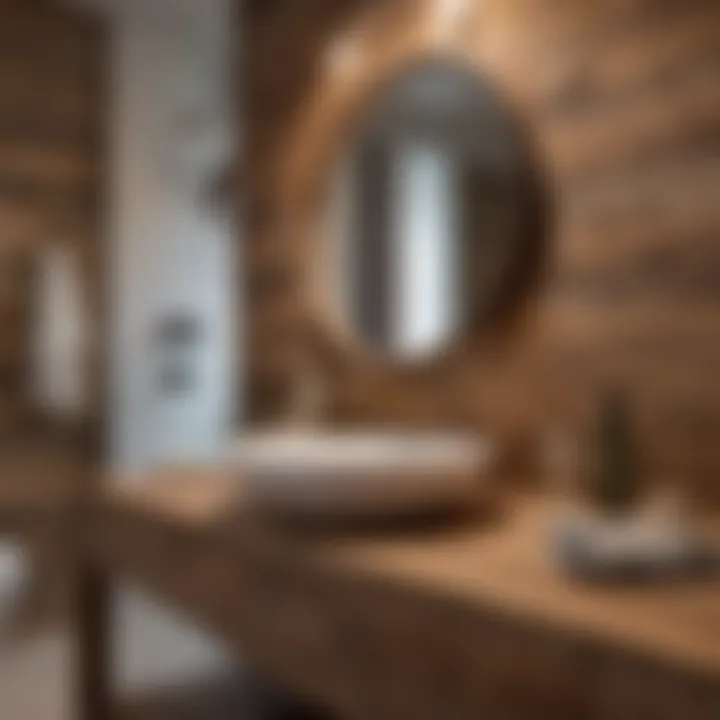 Rustic wood backsplash enhancing a modern bathroom sink area