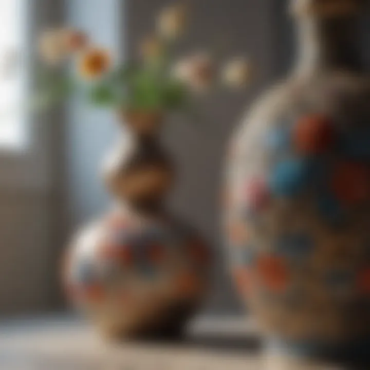 Close-up of a ceramic decanter adorned with floral motifs.