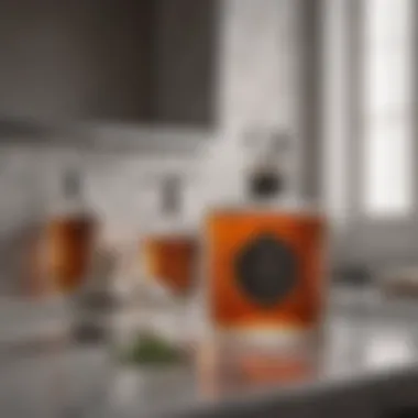 Stylish bathroom setup featuring a decanter amidst aromatic oils.