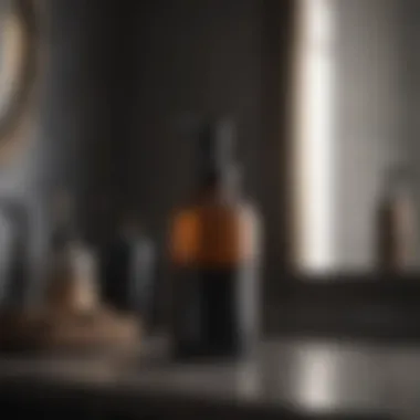 Black soap dispenser and accessories on a countertop