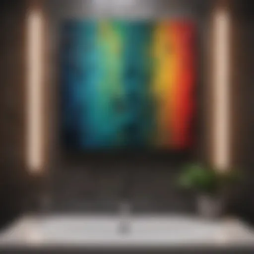 Vibrant abstract wall art in a modern bathroom