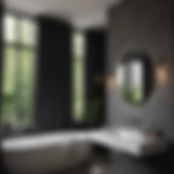 Cozy bathroom ambiance created by black curtains and warm lighting