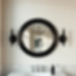 Elegant oval bathroom mirror with black trim reflecting modern decor