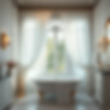 Stylish bathroom featuring white curtains and decor elements