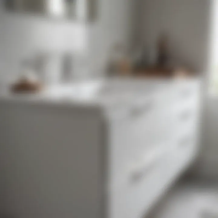 Close-up view of high gloss white vanity showcasing its smooth finish