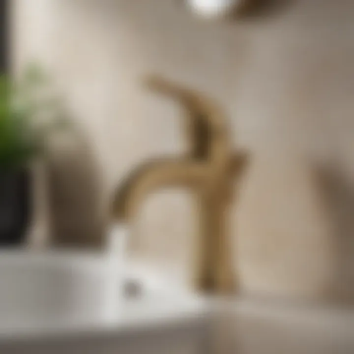 Close-up of Kohler brushed brass bathroom faucet showcasing finish and design