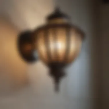 Close-up view of a unique lantern light fixture design in a bathroom setting