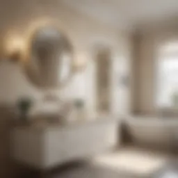 Elegant light color bathroom featuring soft beige tiles and white cabinetry
