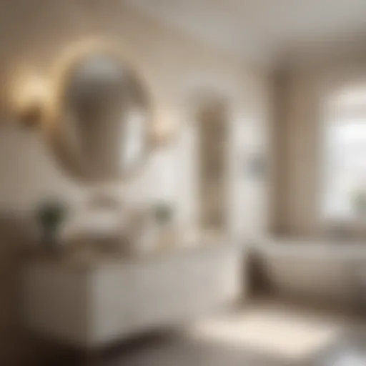 Elegant light color bathroom featuring soft beige tiles and white cabinetry