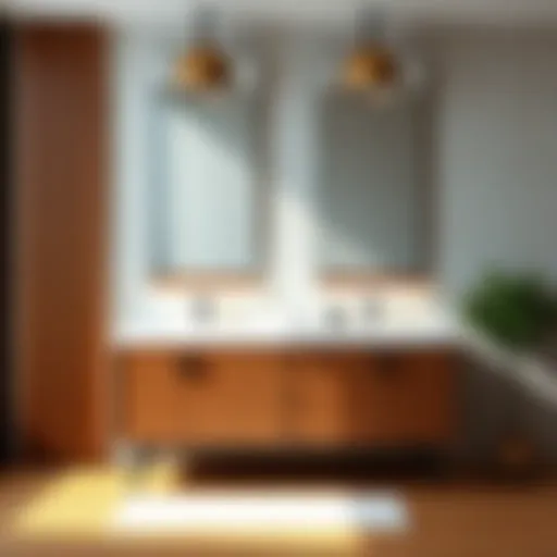 Elegant mid-century modern double vanity featuring sleek lines and warm wood tones