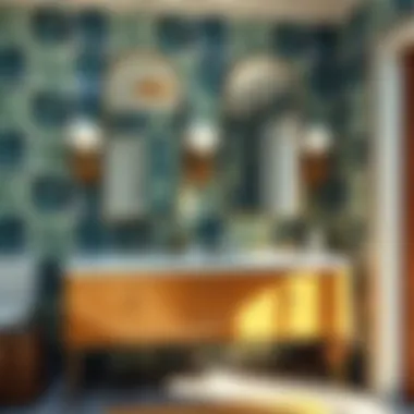 A stylish bathroom showcasing a unique double vanity with retro-inspired fixtures