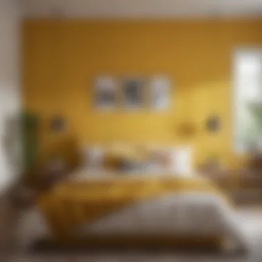 A mustard yellow accent wall in a cozy bedroom