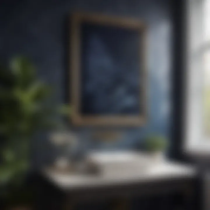 Navy blue botanical print adding sophistication to a modern bathroom