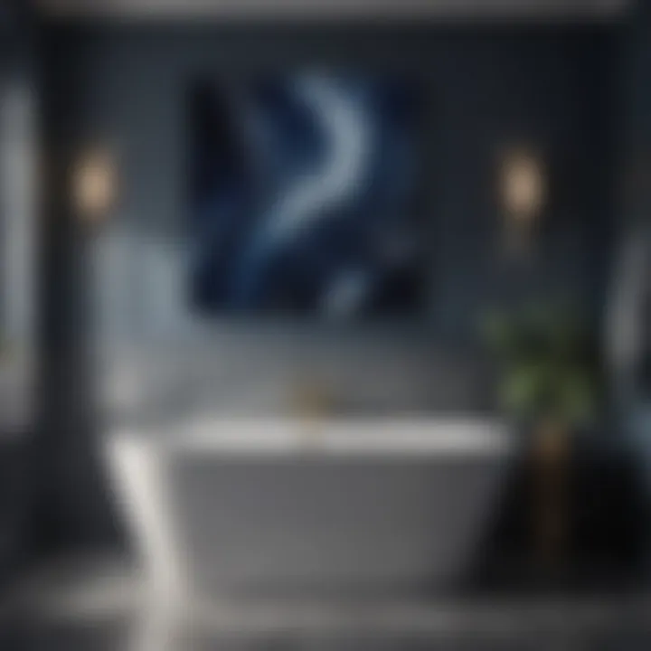 Elegant navy blue abstract wall art in a serene bathroom setting