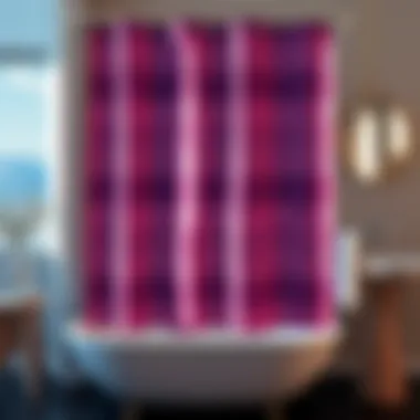 Sophisticated plum-hued shower curtain with geometric patterns