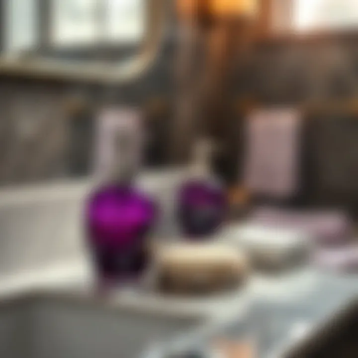 Stylish plum color soap dispenser and accessories on a bathroom counter