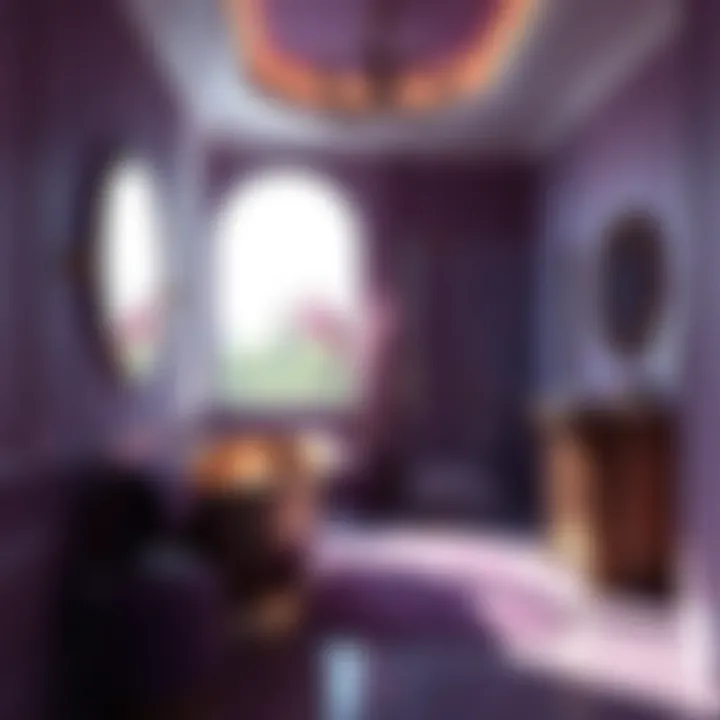 Luxurious bathroom featuring purple accents and grey walls