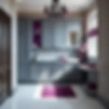 Trendy grey cabinetry complemented by purple decor elements