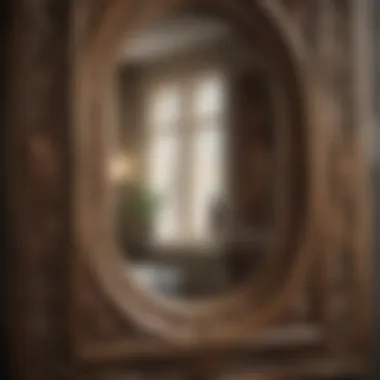 Close-up of intricate craftsmanship on a rustic mirror