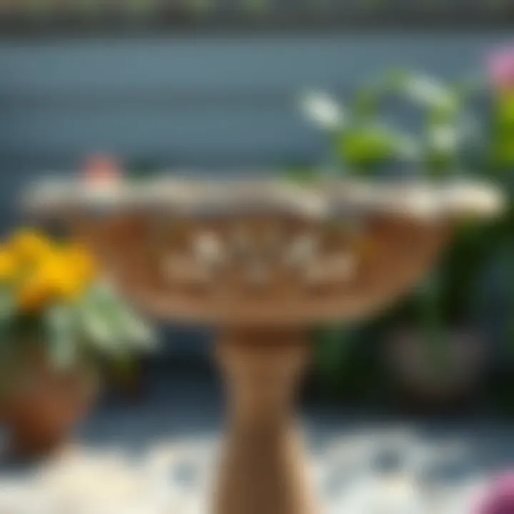 Close-up of the intricate design of a bird bath bowl