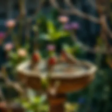 Birds enjoying a heavy bird bath in a tranquil garden setting