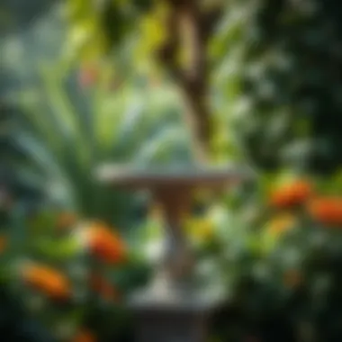 Elegant stone bird bath surrounded by lush greenery