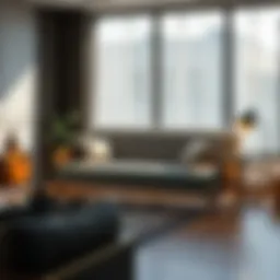 A cozy living room showcasing a stylish futon mattress in a modern setting