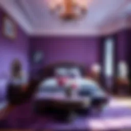 A serene purple bedroom with rich textures and calming ambiance
